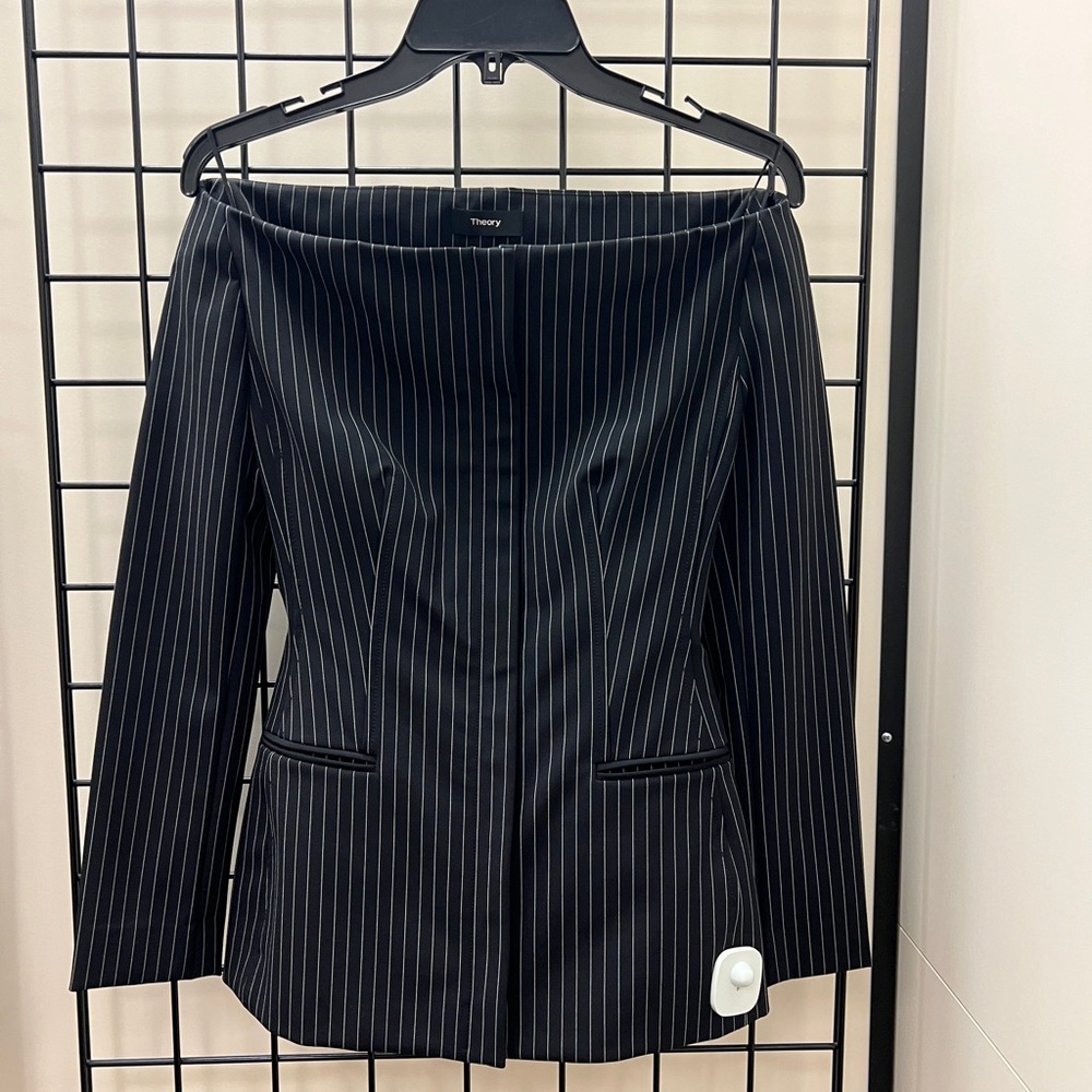 THEORY OFF THE SHOULDER PIN STRIPE JACKET